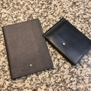 Authentic Montblanc leather wallet and canvas passport holder.